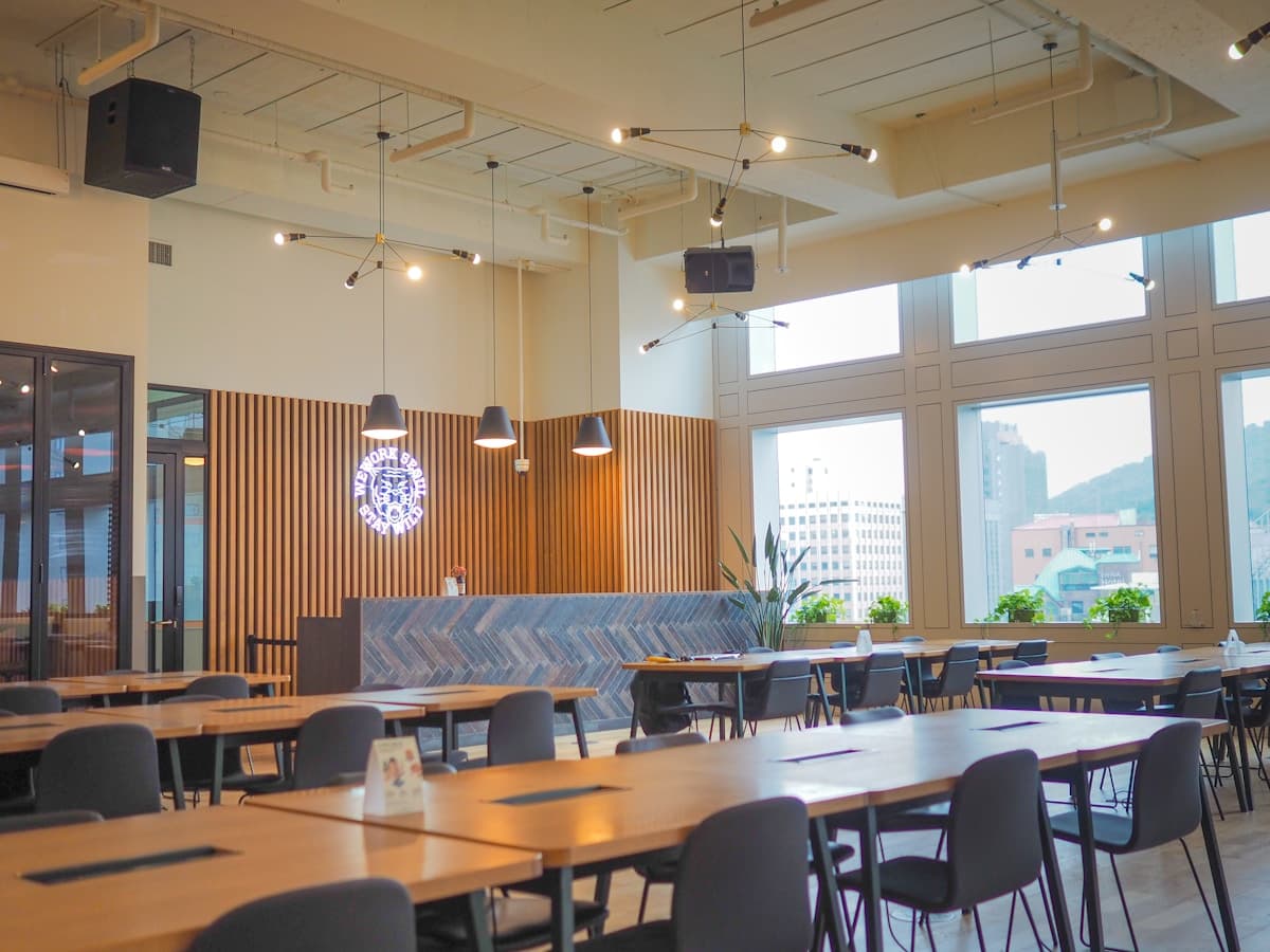 Premium food court interior with seating and counters